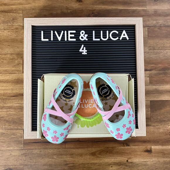 NIB Livie & Luca Mint Green Pink Cherry Blossoms Aurora Ballet Flat Slip On 4 - Picture 1 of 7